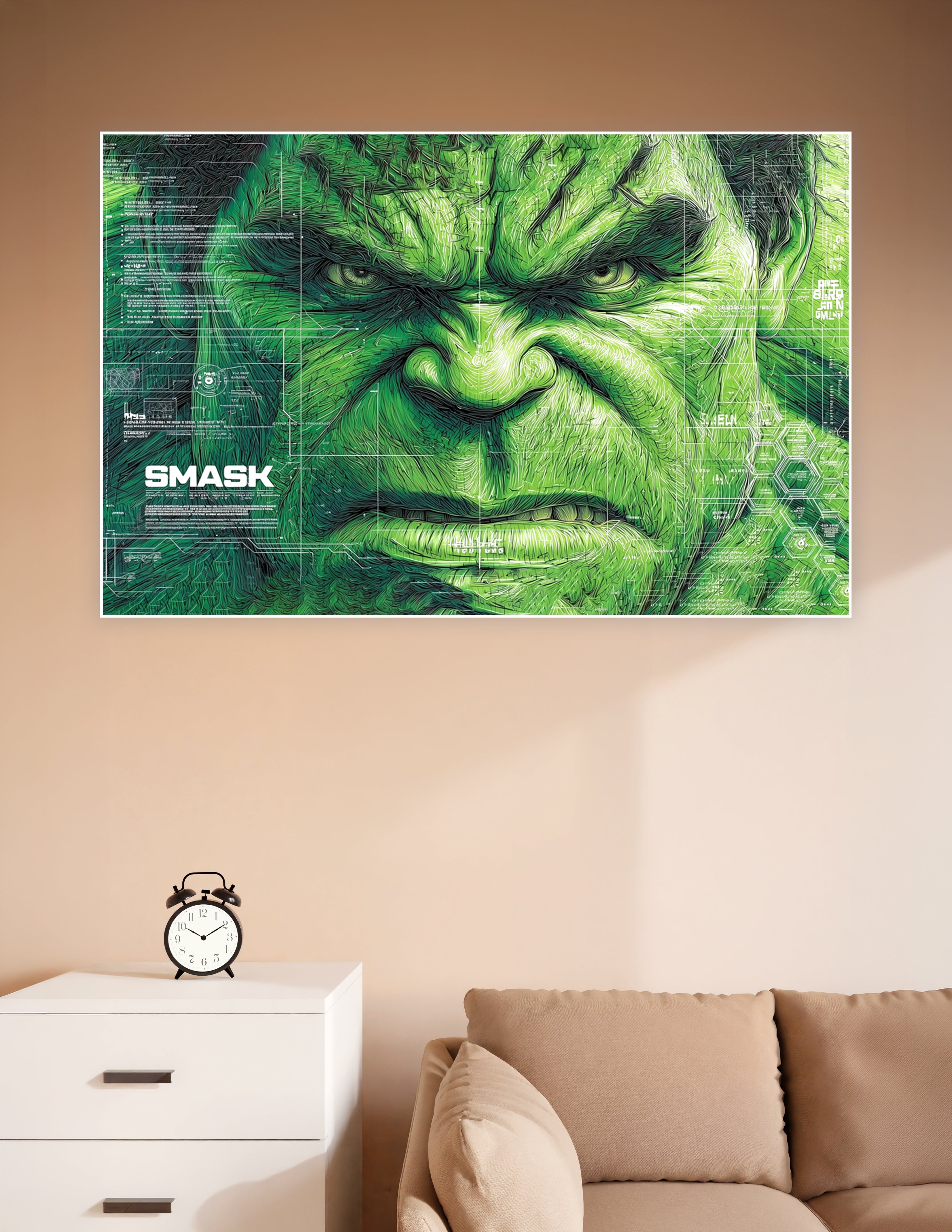 Close-up Hulk face illustration with green tones and futuristic sci-fi HUD blueprint overlay and SMASK text on a premium matte poster