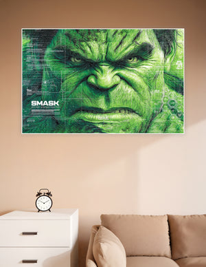 Close-up Hulk face illustration with green tones and futuristic sci-fi HUD blueprint overlay and SMASK text on a premium matte poster