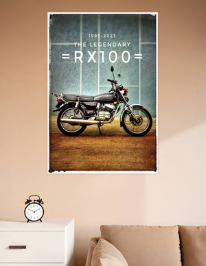 Vintage-style poster of the legendary Yamaha RX100 motorcycle in black, parked against a teal wall, with text reading 1985–2023 The Legendary RX100
