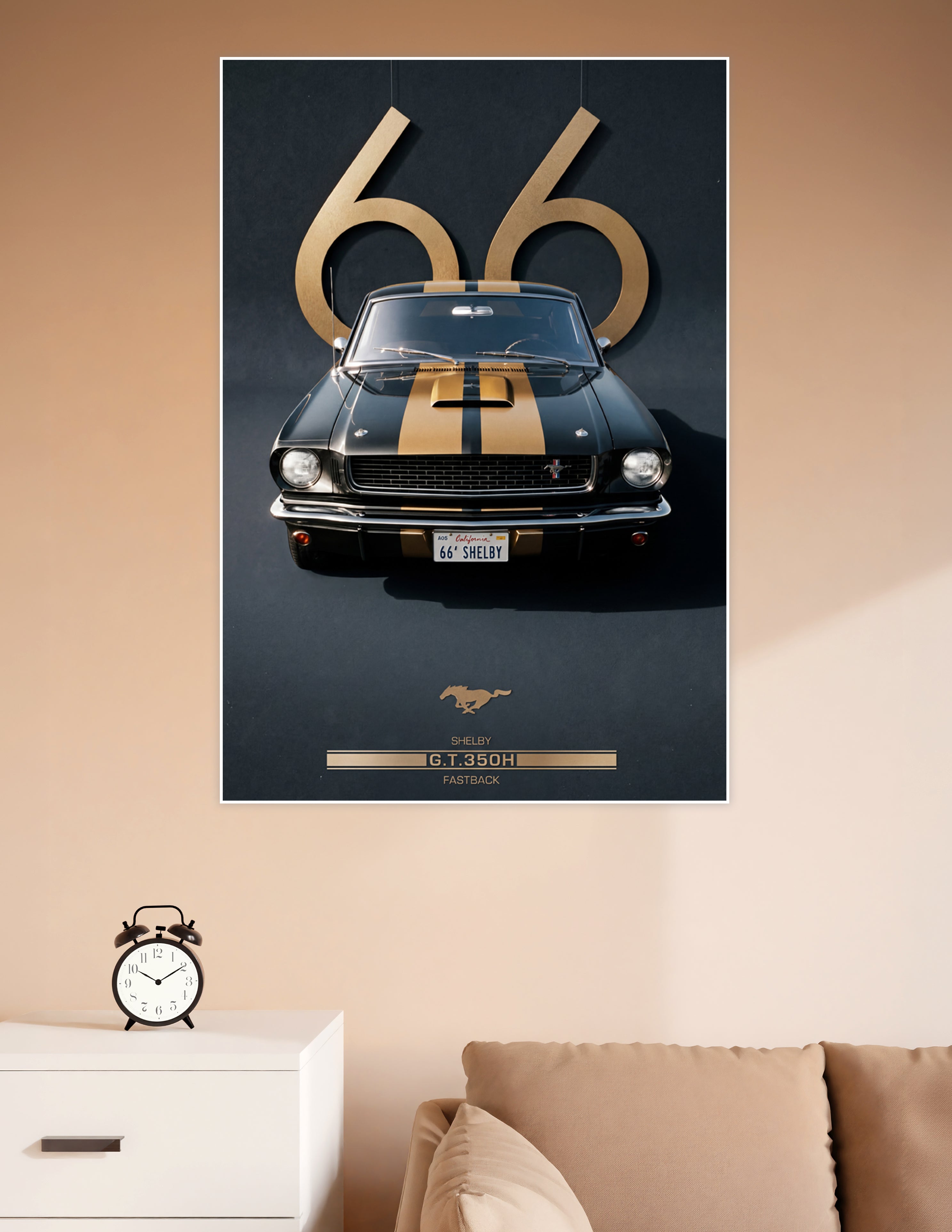 Front-facing 1966 Shelby GT350H Fastback Mustang in black with gold racing stripes, dramatic dark background with oversized gold '66' typography