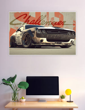 Heavily modified Dodge Challenger race car with weathered paint and bold red Challenger typography on a vintage-style poster print