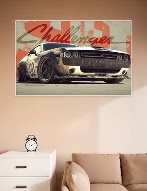 Heavily modified Dodge Challenger race car with weathered paint and bold red Challenger typography on a vintage-style poster print