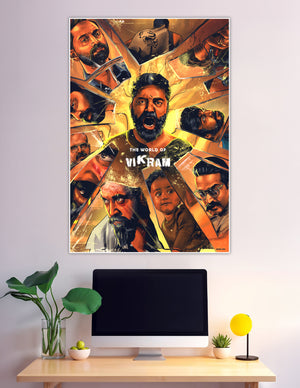 The World of Vikram Tamil movie fan art poster featuring comic-style illustrated character ensemble with fiery amber tones and shattered glass design