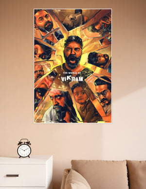 The World of Vikram Tamil movie fan art poster featuring comic-style illustrated character ensemble with fiery amber tones and shattered glass design