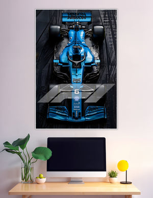 Top-down aerial view of a blue Formula 1 racing car on dark asphalt with F1 logo overlay, premium matte wall poster