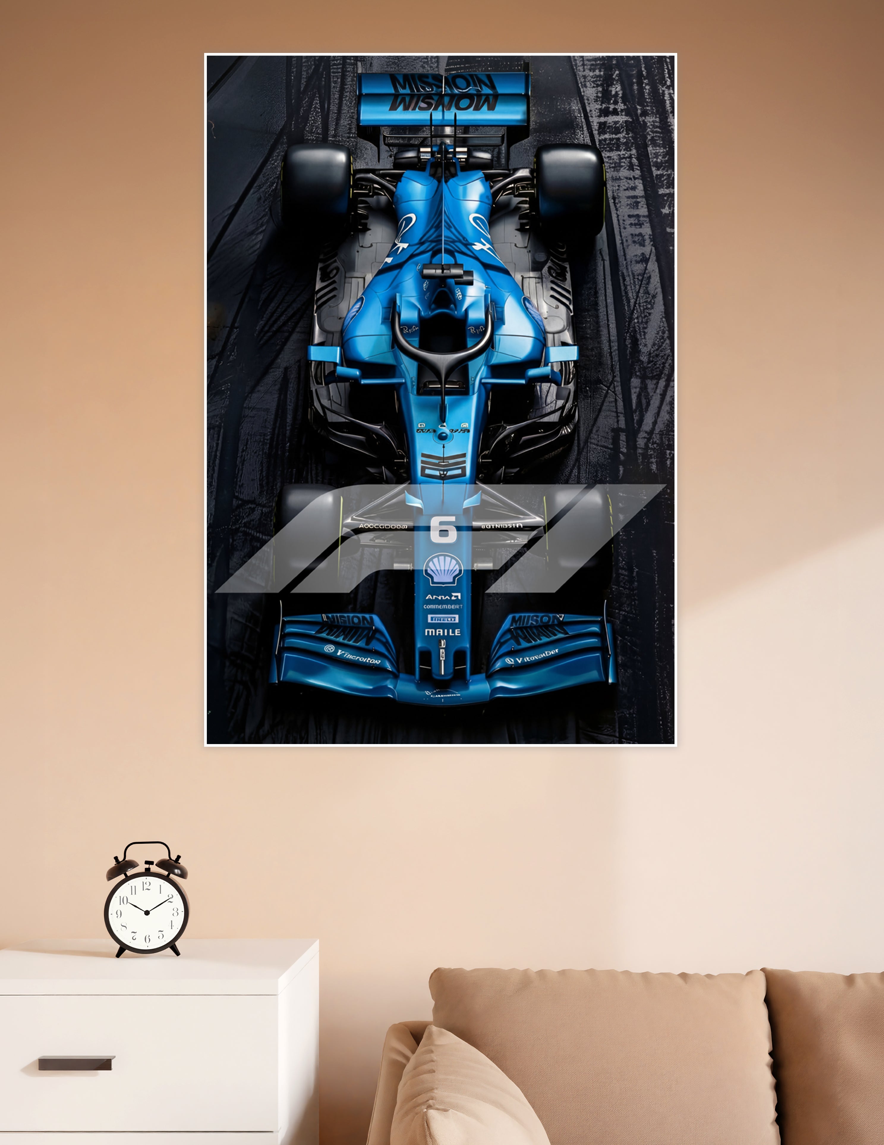 Top-down aerial view of a blue Formula 1 racing car on dark asphalt with F1 logo overlay, premium matte wall poster