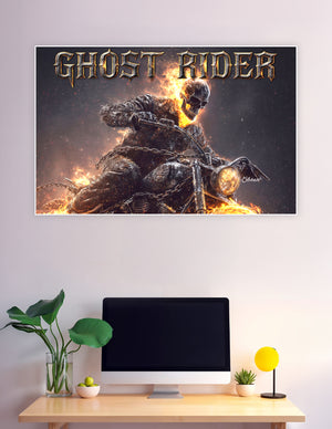 Ghost Rider flaming skull skeleton riding a hellfire motorcycle wrapped in chains with dramatic orange flames on a dark background