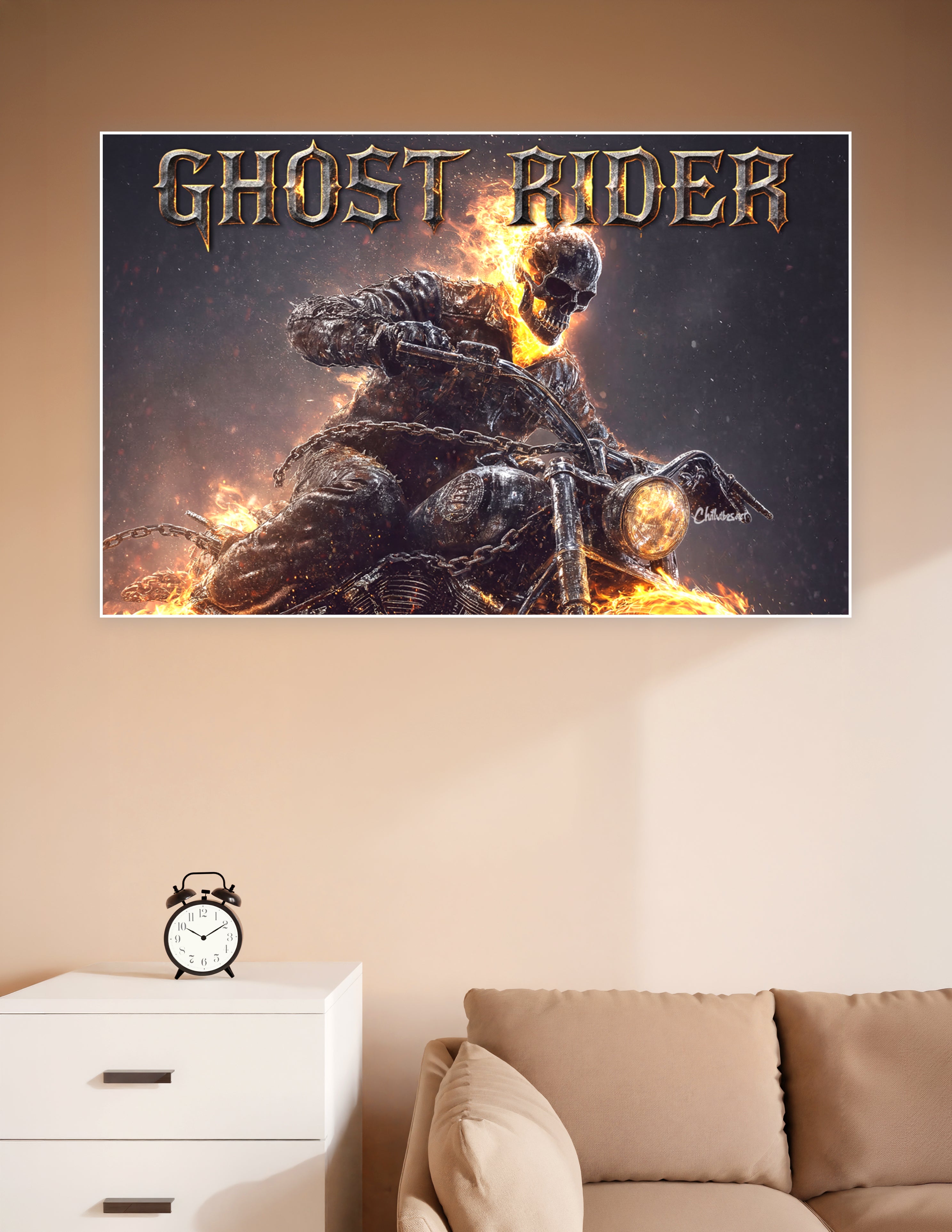 Ghost Rider flaming skull skeleton riding a hellfire motorcycle wrapped in chains with dramatic orange flames on a dark background