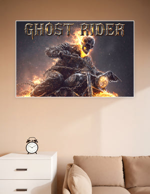 Ghost Rider flaming skull skeleton riding a hellfire motorcycle wrapped in chains with dramatic orange flames on a dark background