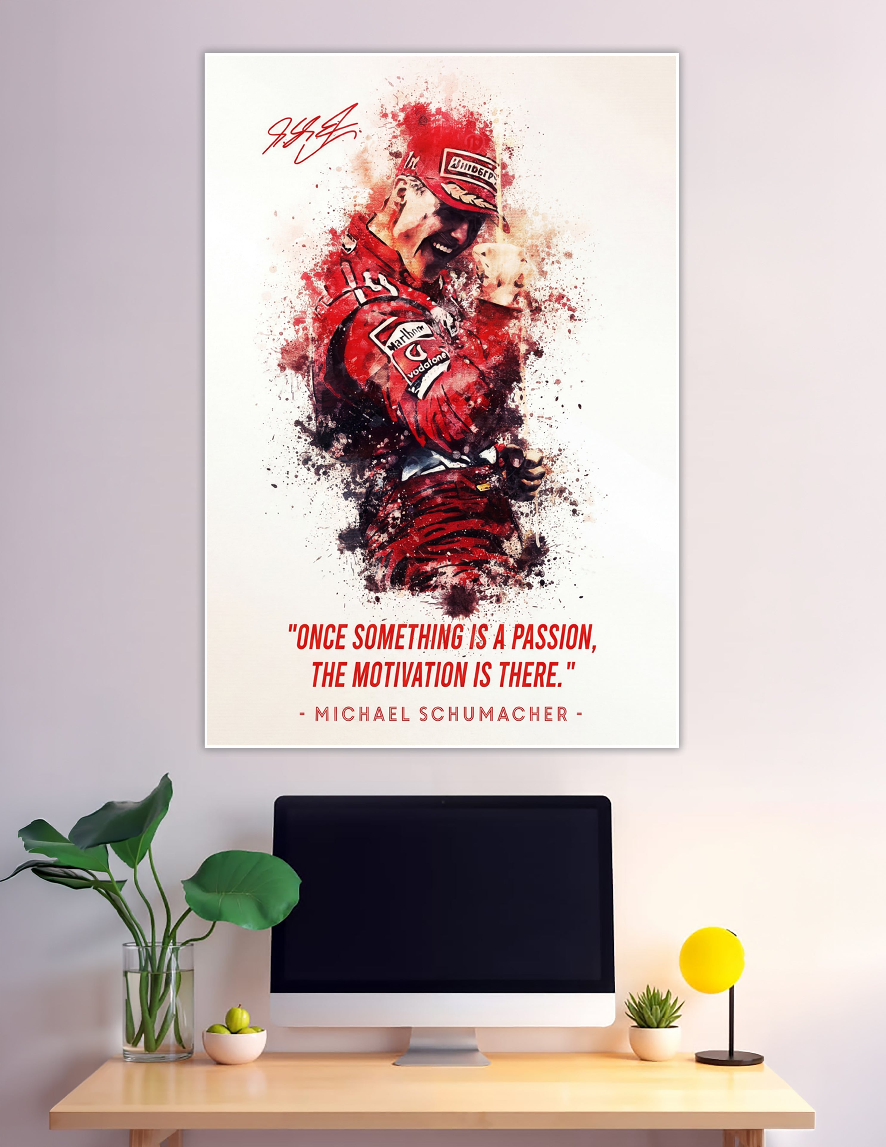 Michael Schumacher watercolor splash art poster with quote
