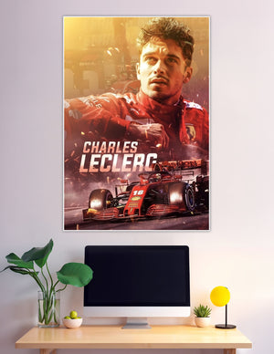 Charles Leclerc Ferrari F1 racing poster featuring the #16 Scuderia Ferrari car with a dramatic golden and red cinematic background