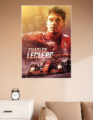 Charles Leclerc Ferrari F1 racing poster featuring the #16 Scuderia Ferrari car with a dramatic golden and red cinematic background