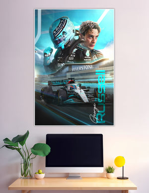 George Russell Mercedes-AMG Petronas F1 racing poster featuring Silverstone circuit action and driver portrait in teal and silver tones