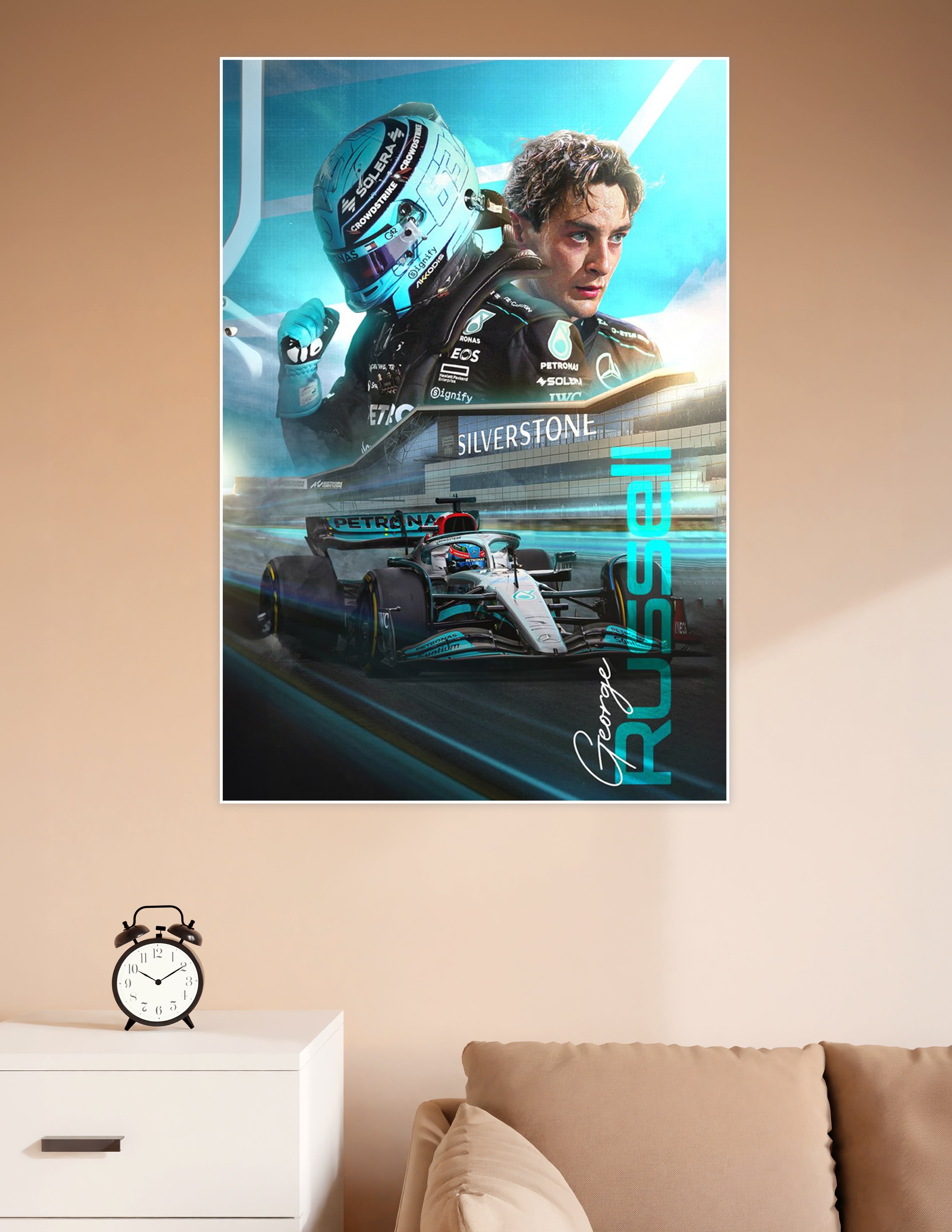 George Russell Mercedes-AMG Petronas F1 racing poster featuring Silverstone circuit action and driver portrait in teal and silver tones