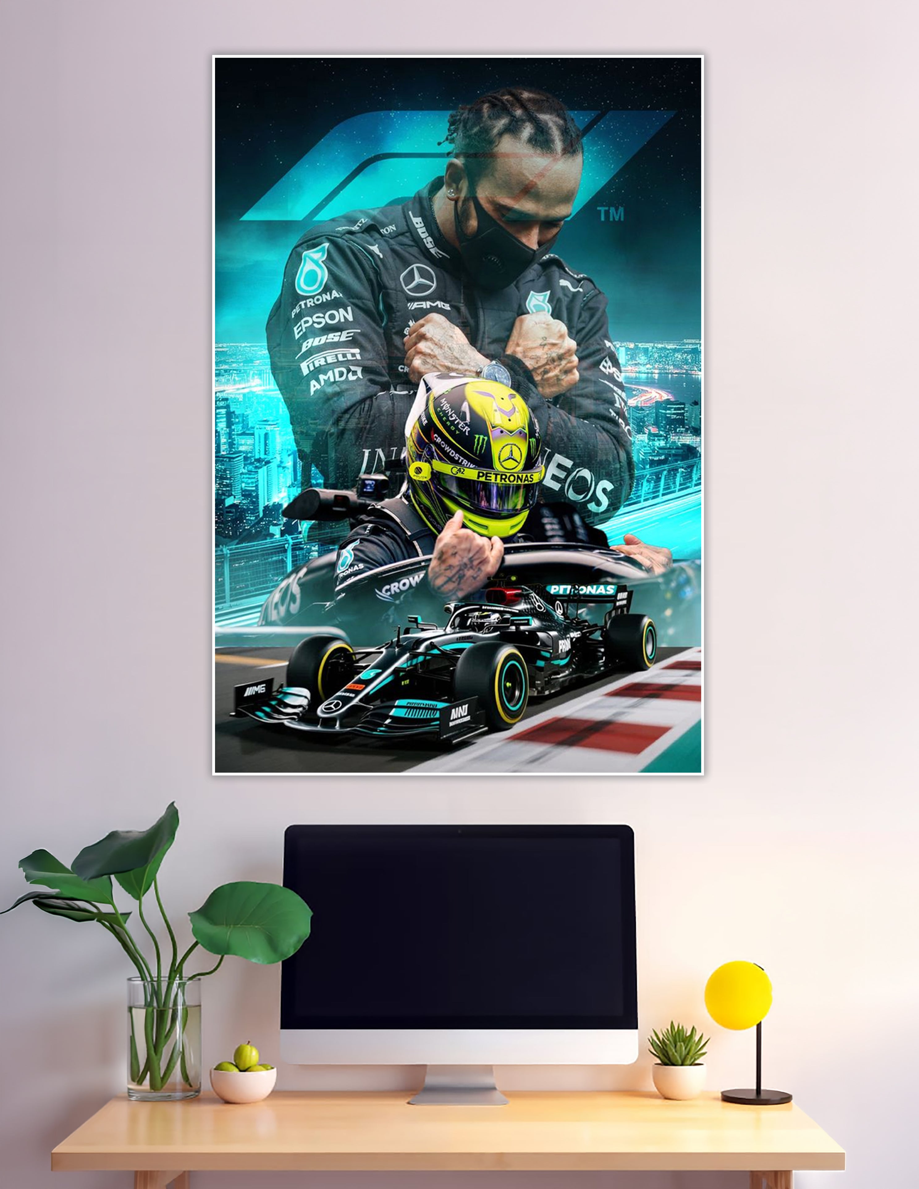 Formula 1 Mercedes AMG Petronas racing champion composite poster with driver in race suit, yellow helmet, and F1 car in teal and black design