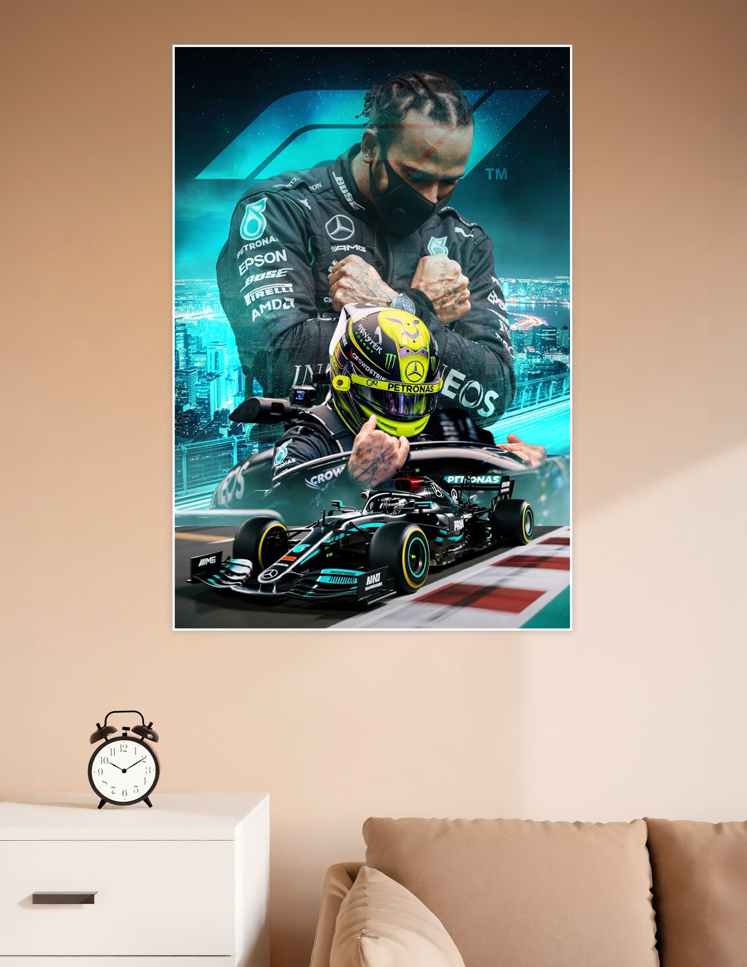 Formula 1 Mercedes AMG Petronas racing champion composite poster with driver in race suit, yellow helmet, and F1 car in teal and black design