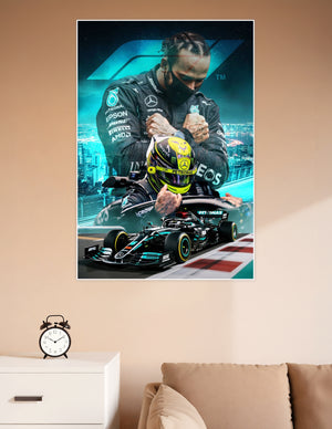 Formula 1 Mercedes AMG Petronas racing champion composite poster with driver in race suit, yellow helmet, and F1 car in teal and black design