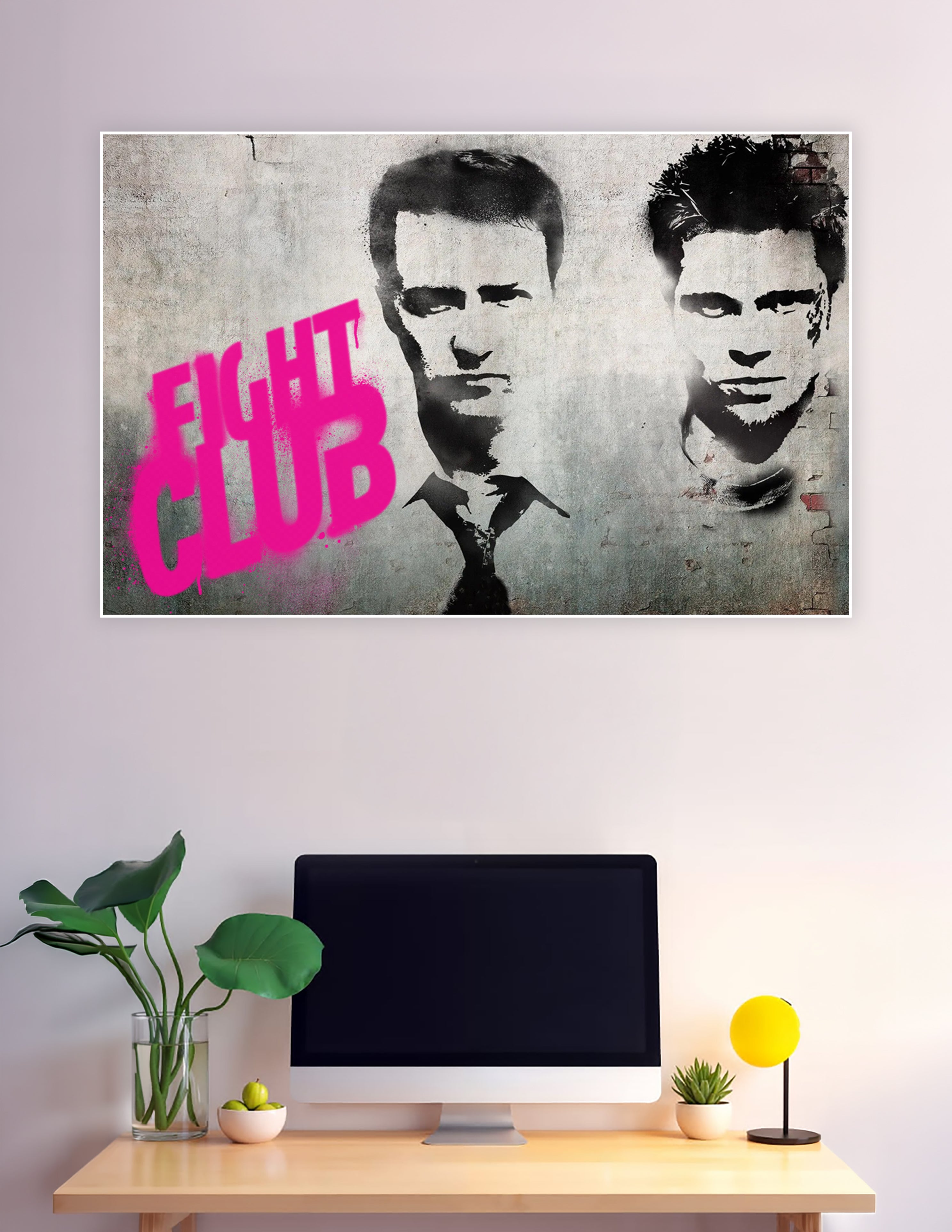 Fight Club movie poster with black stencil portraits of two men and bold neon-pink graffiti text on a gritty concrete wall background
