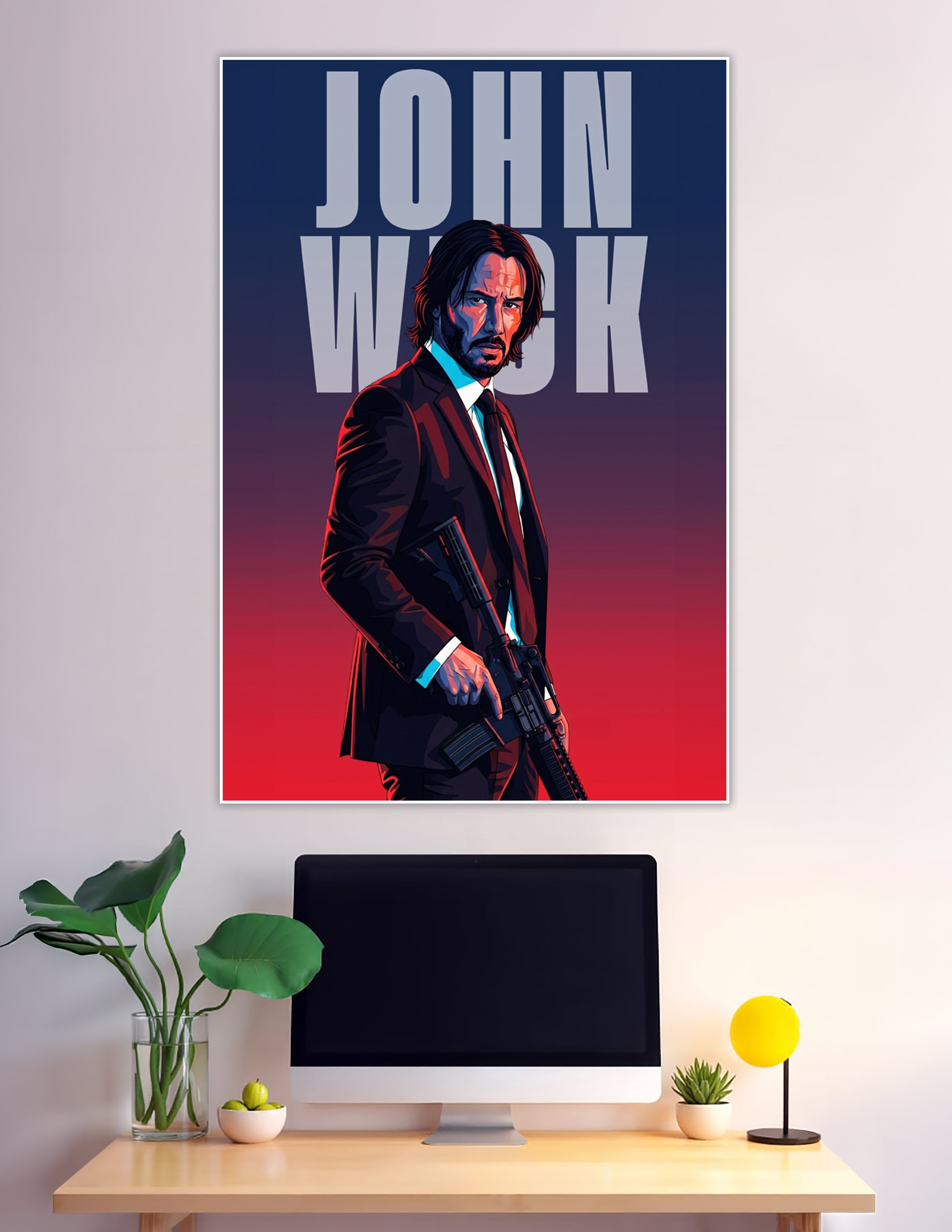John Wick illustrated vector art poster blue red gradient
