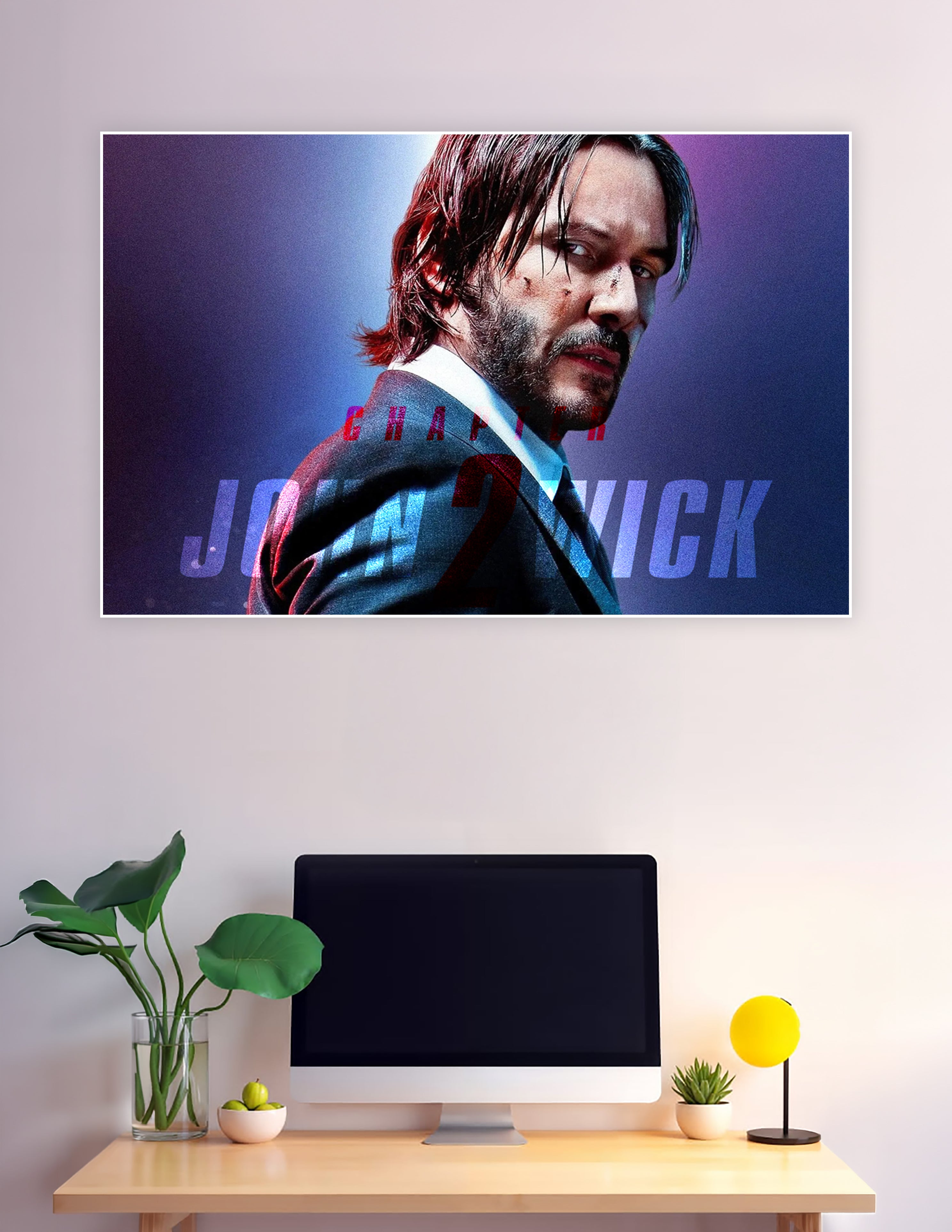 John Wick Chapter 2 movie poster showing a battle-scarred man in a suit against a purple and blue neon background with bold title text
