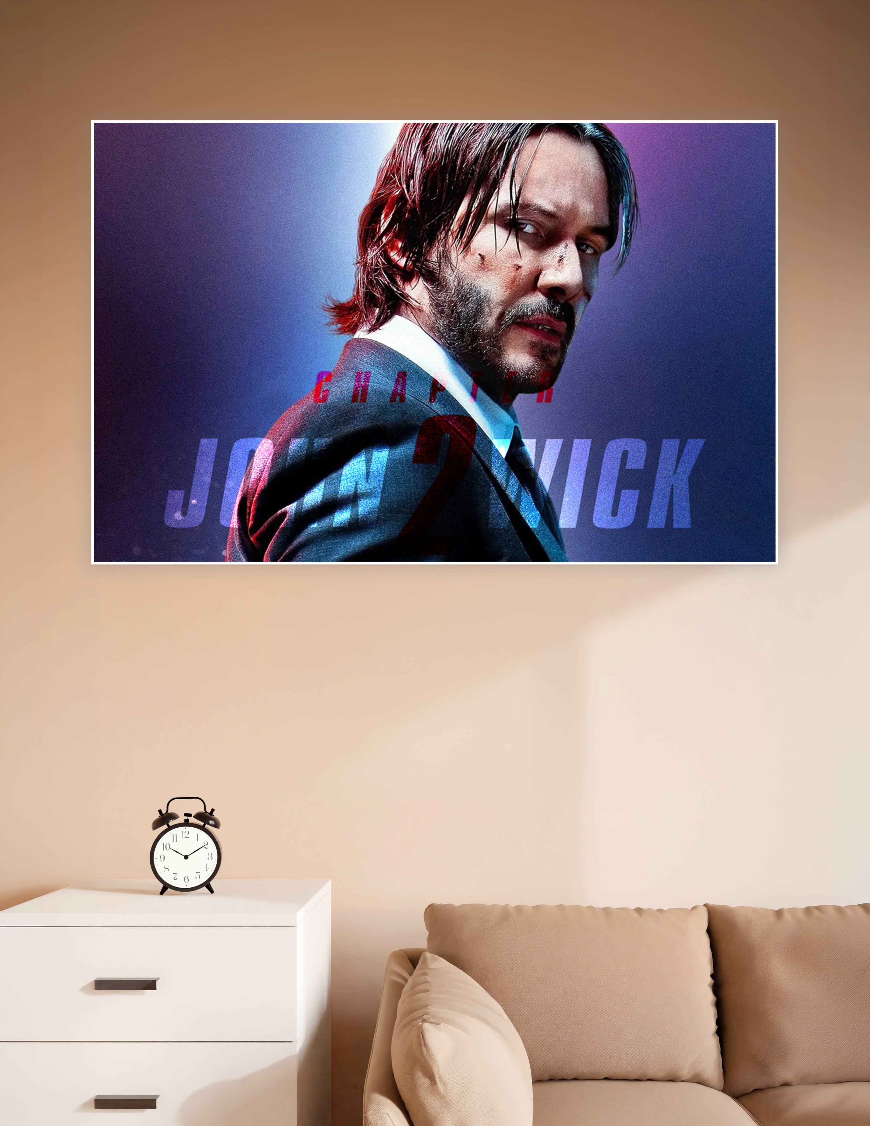 John Wick Chapter 2 movie poster showing a battle-scarred man in a suit against a purple and blue neon background with bold title text
