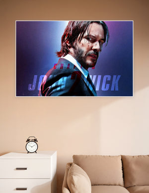 John Wick Chapter 2 movie poster showing a battle-scarred man in a suit against a purple and blue neon background with bold title text