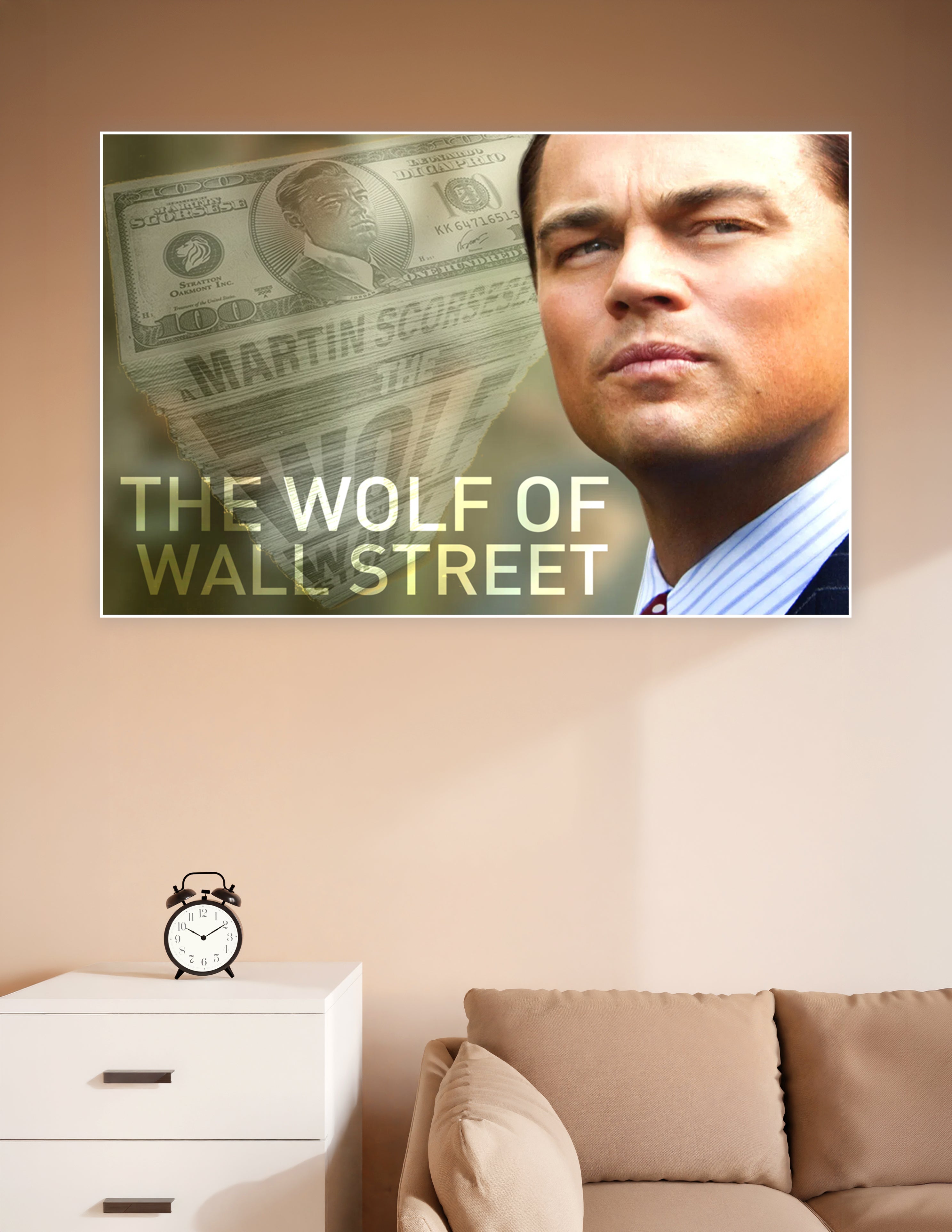 Wolf of Wall Street movie poster featuring dramatic male portrait with layered currency imagery and bold gold title typography by Martin Scorsese