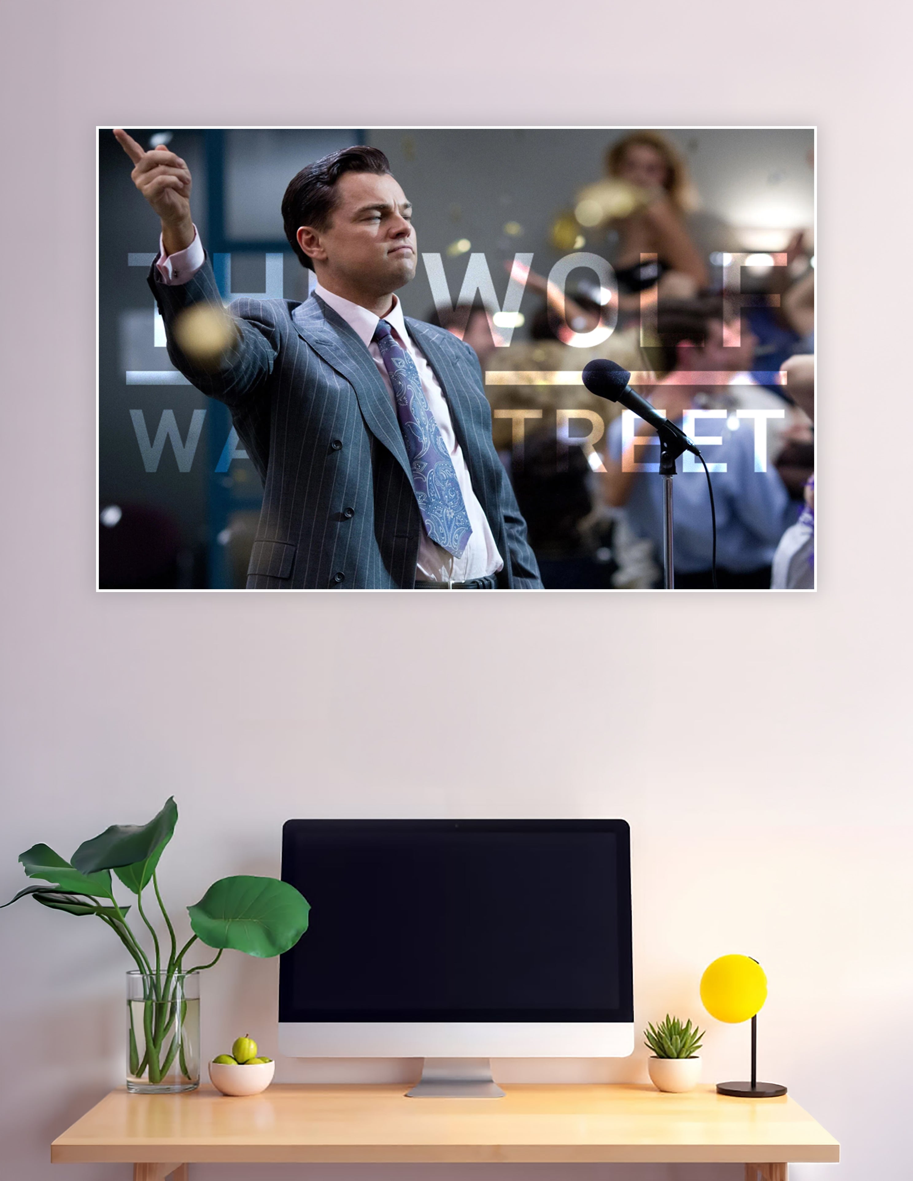 Wolf of Wall Street movie poster featuring a man in a pinstripe suit pointing upward at a microphone with bold title text overlay