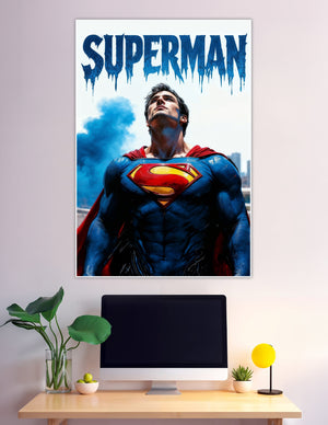 Superman looking up in heroic pose with blue smoke