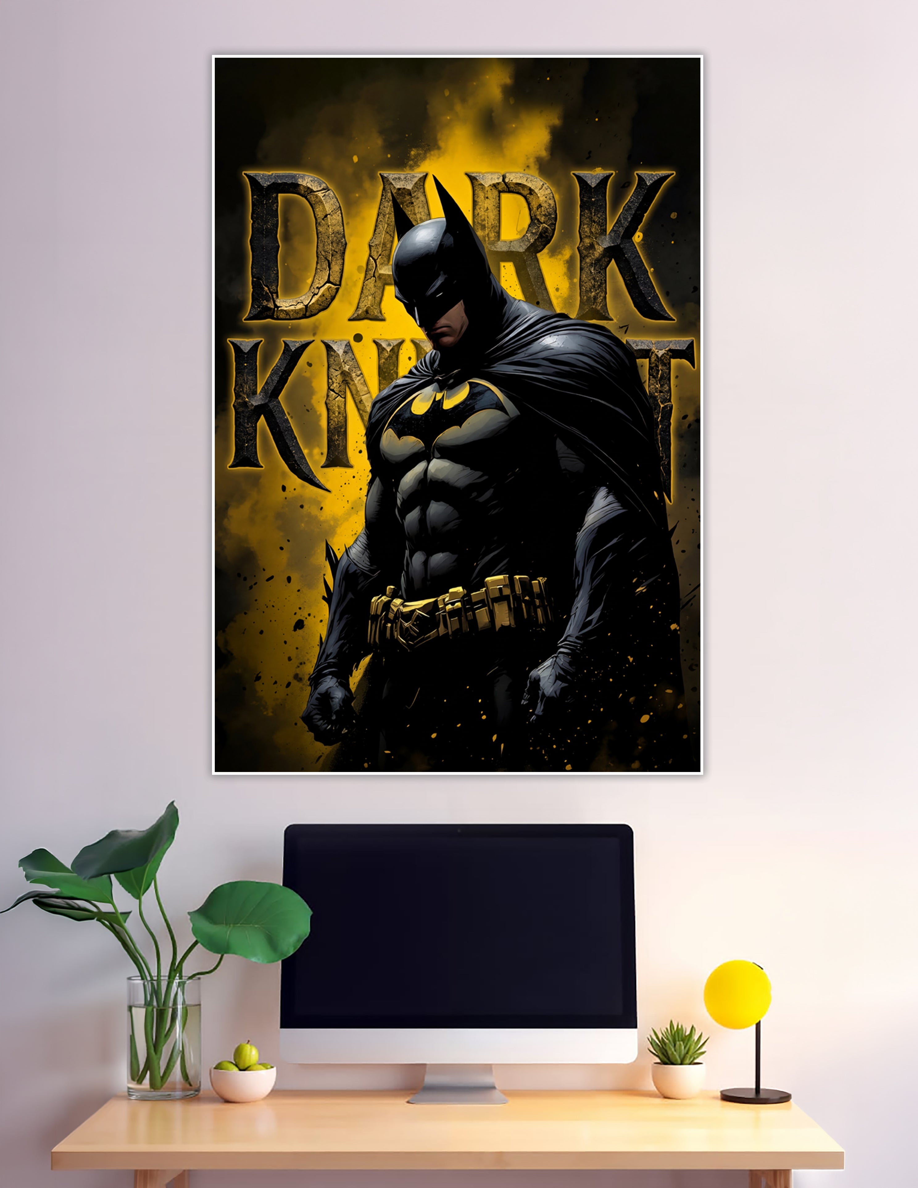 Batman Dark Knight poster with comic-style artwork, bold yellow and black color scheme, and cracked stone typography on a dramatic background