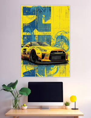 Yellow Nissan GT-R race car grunge art poster with blue and yellow distressed background and swirling brushstroke patterns