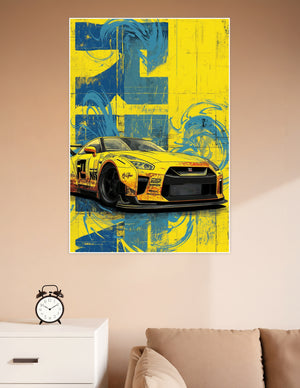 Yellow Nissan GT-R race car grunge art poster with blue and yellow distressed background and swirling brushstroke patterns
