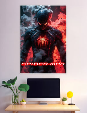 Spider-Man in a dark armored suit with a glowing red spider emblem on the chest, surrounded by dramatic grey and crimson smoke clouds, with the text SPIDER-MAN at the bottom