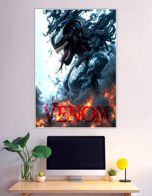 Venom symbiote roaring with fire and smoke