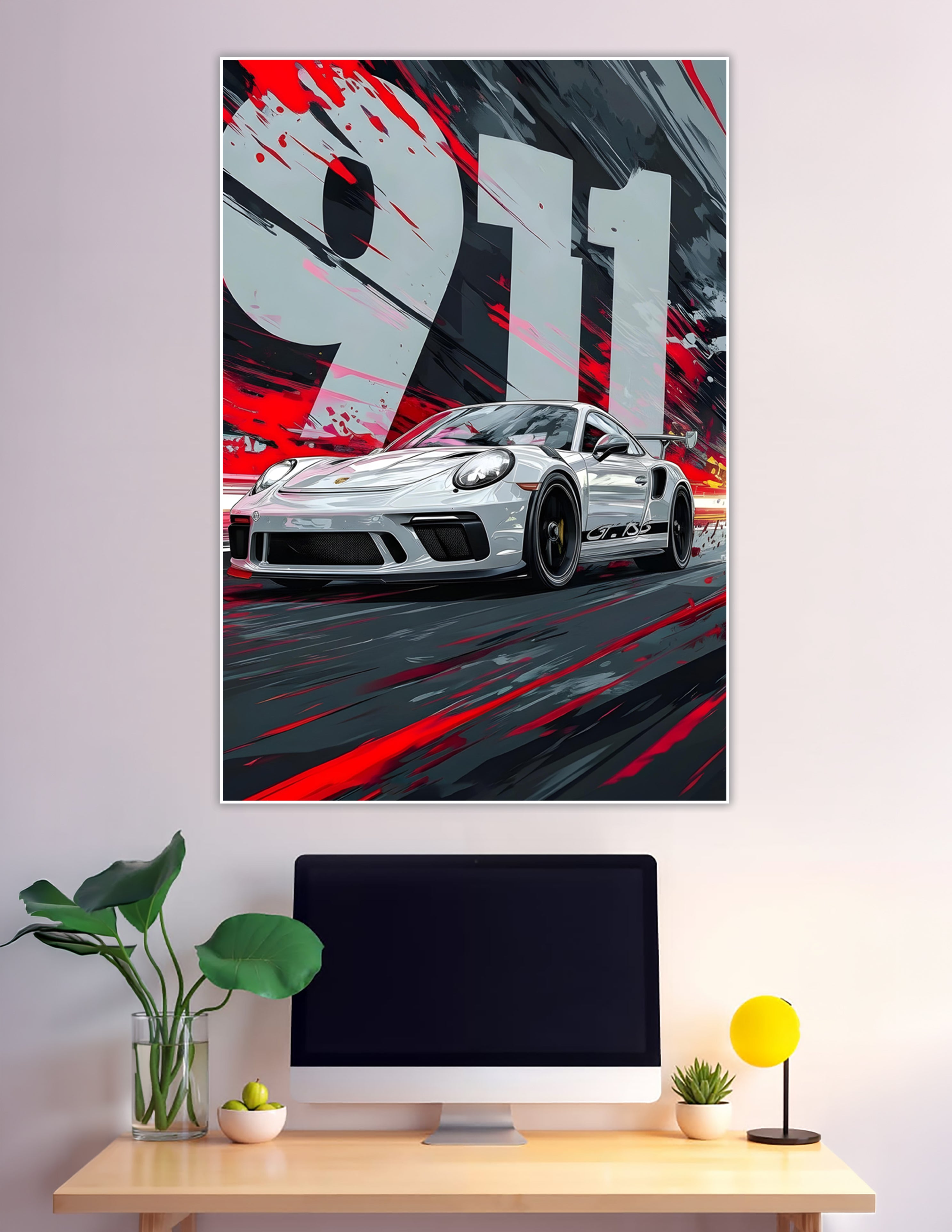 Illustrated Porsche 911 GT3 RS white supercar poster with bold red and black brushstroke background and oversized 911 typography