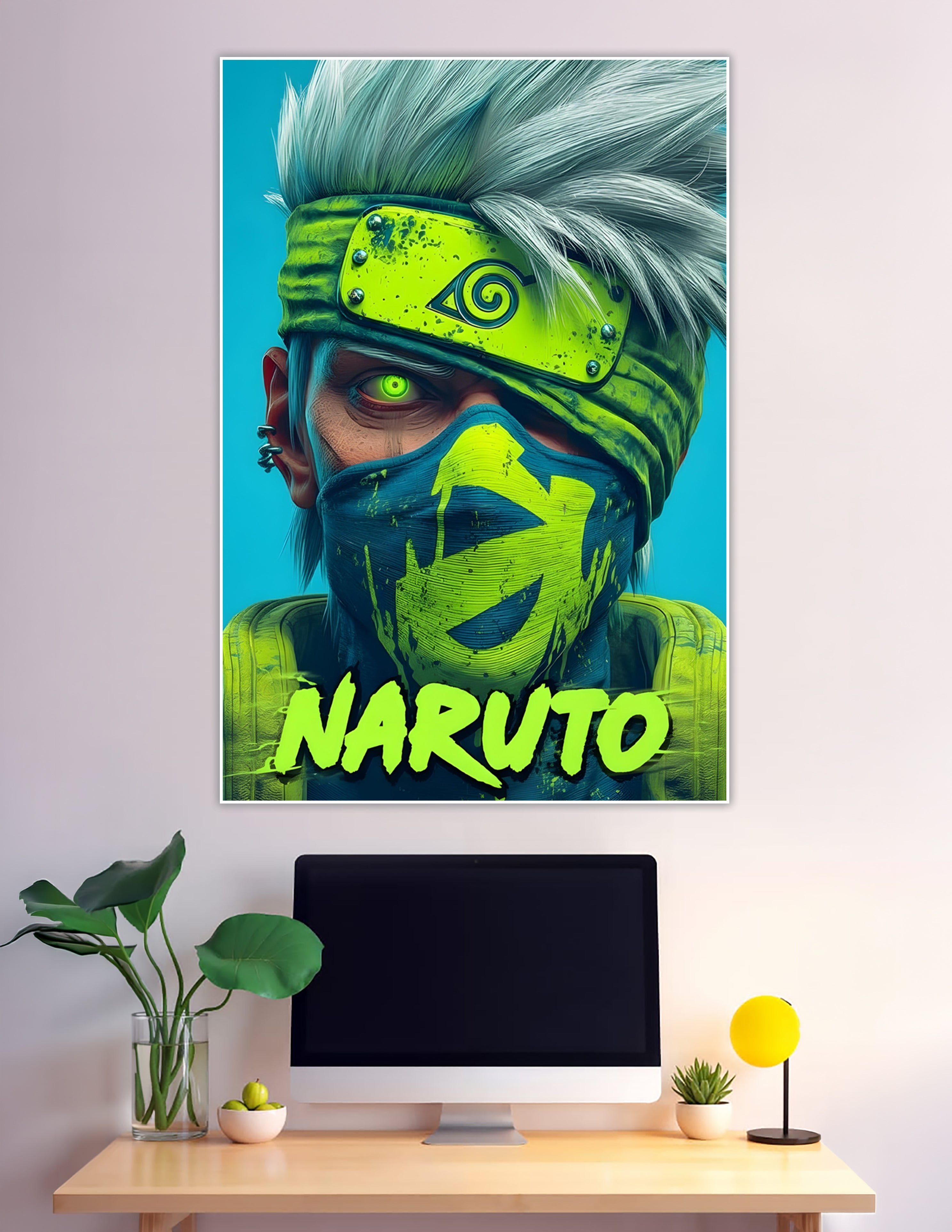 Cyberpunk-style Kakashi Hatake poster with neon green Leaf Village headband, glowing Sharingan eye, and bold NARUTO text on cyan background