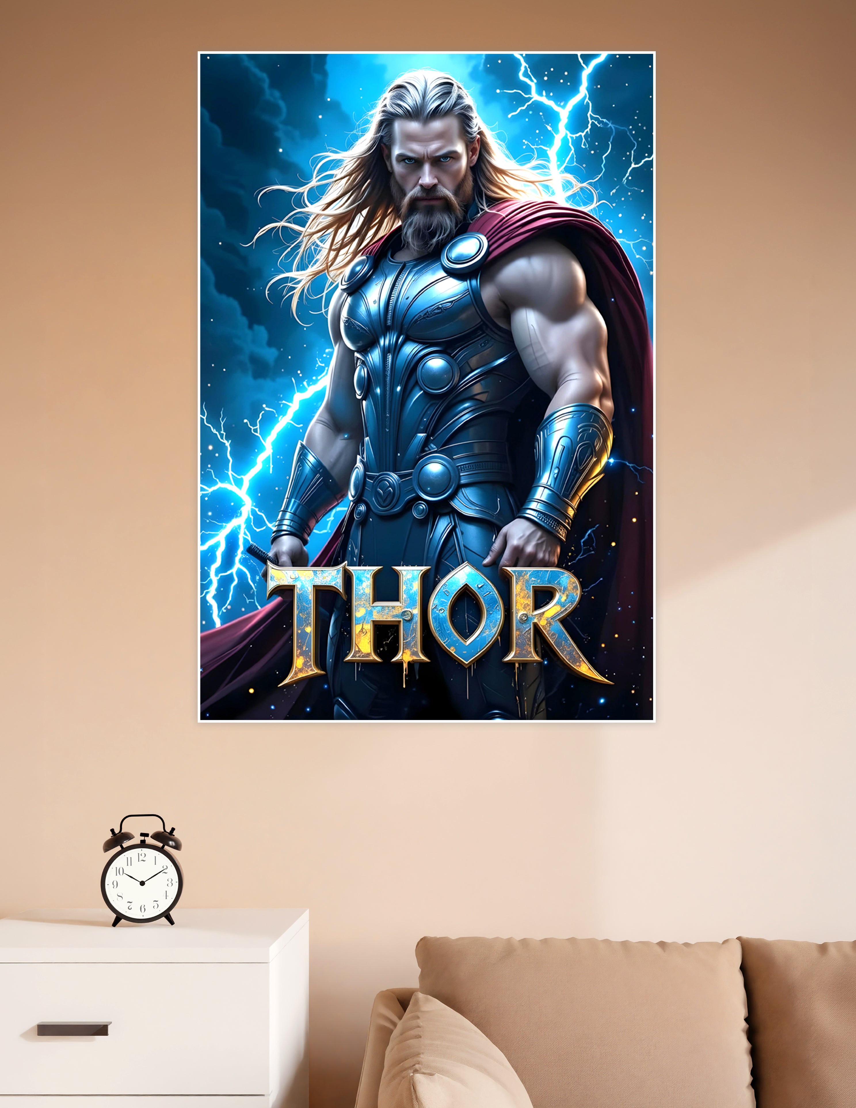 Thor God of Thunder in silver Asgardian armor with red cape and blue lightning bolts, Marvel superhero wall poster