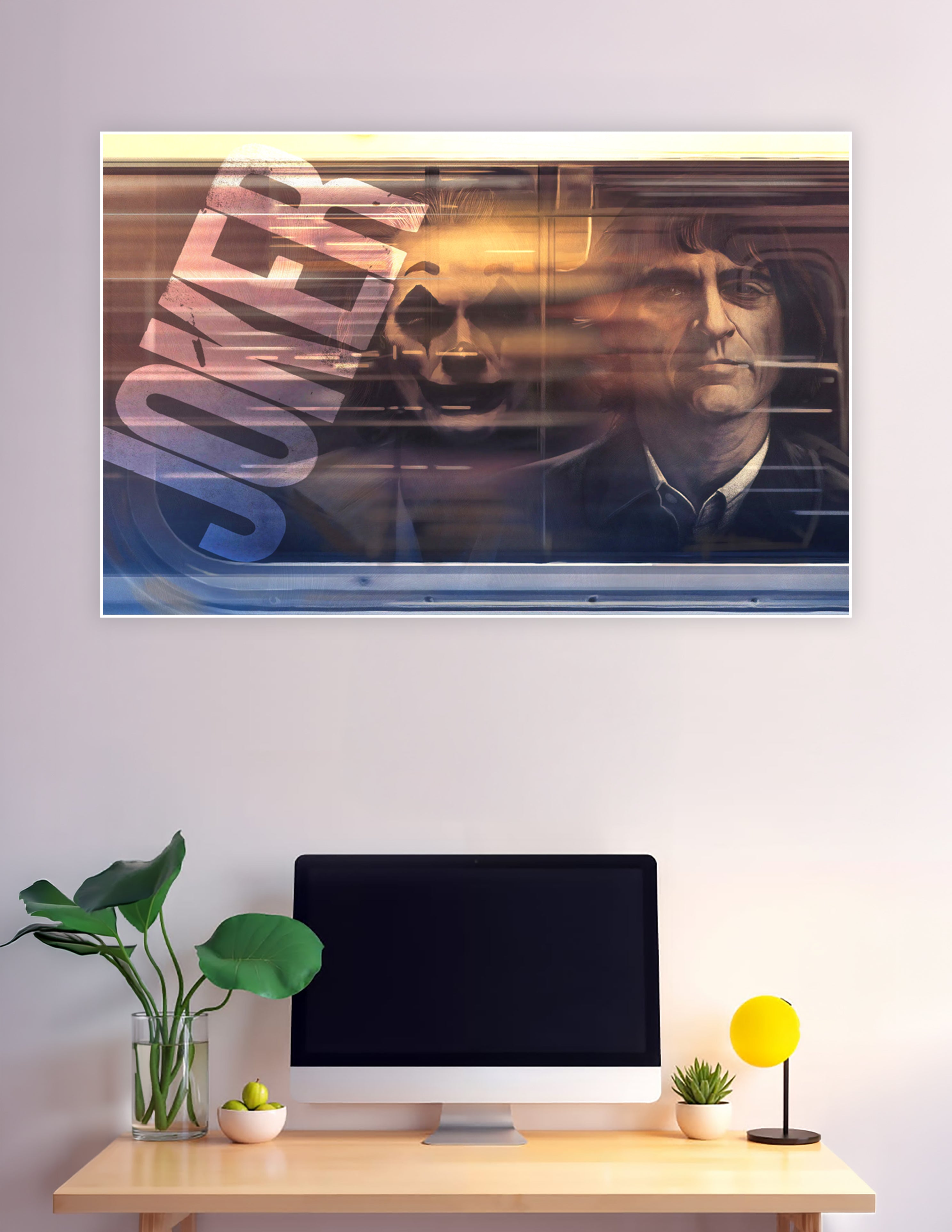 Cinematic poster of a man on a train with his Joker clown reflection visible in the window, overlaid with bold distressed typography in warm amber tones