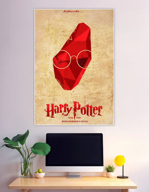 Minimalist Harry Potter and the Philosopher's Stone poster featuring a geometric red crystal with iconic round glasses and vintage parchment background