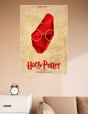 Minimalist Harry Potter and the Philosopher's Stone poster featuring a geometric red crystal with iconic round glasses and vintage parchment background