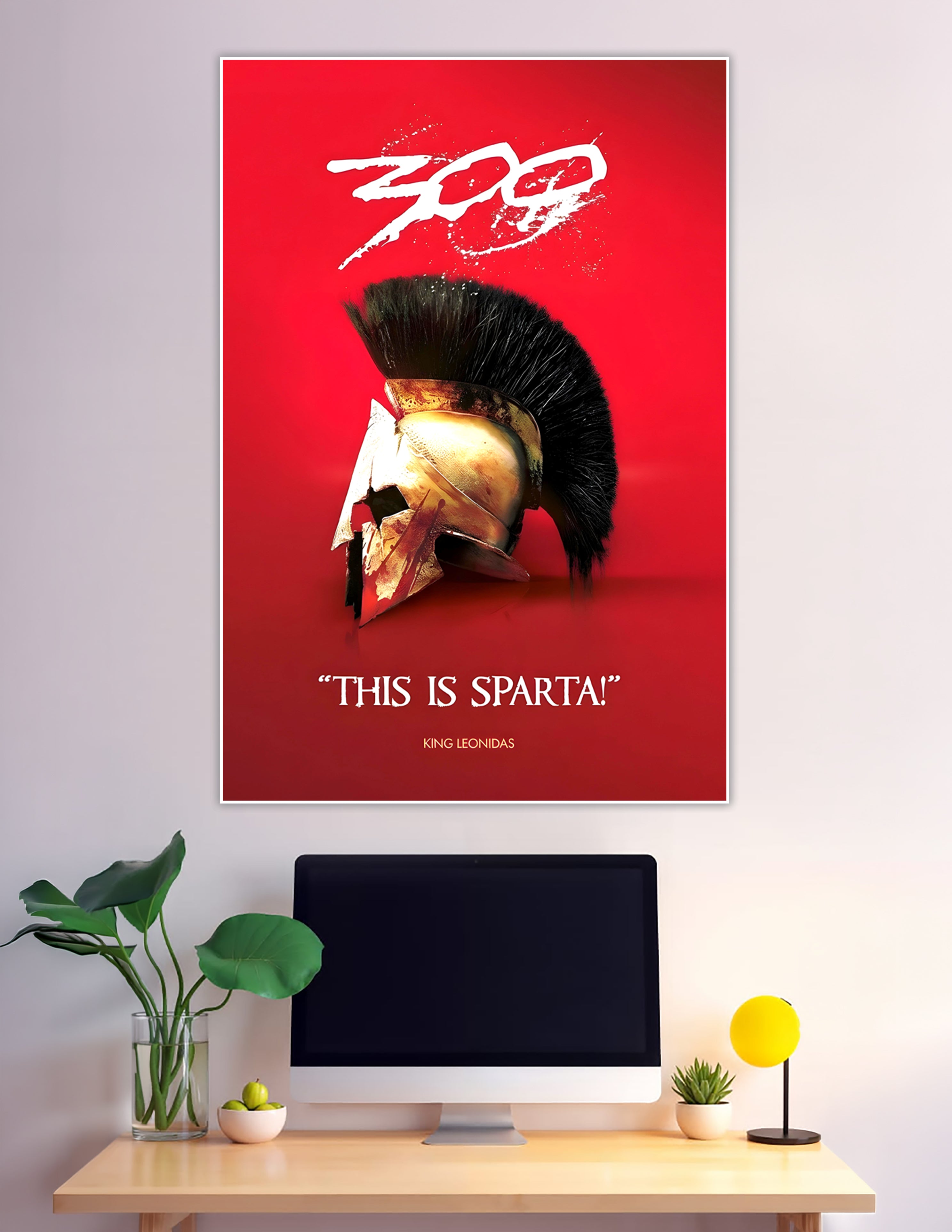 300 movie poster featuring a battle-worn golden Spartan helmet with black plume on a bold red background with the quote This Is Sparta by King Leonidas