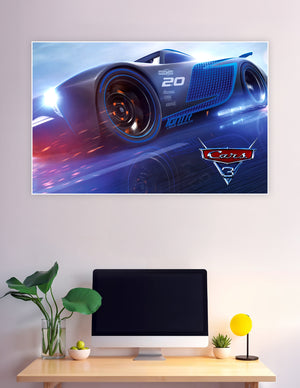 Cars 3 Jackson Storm next-gen race car poster with electric blue design and number 20 Piston Cup livery