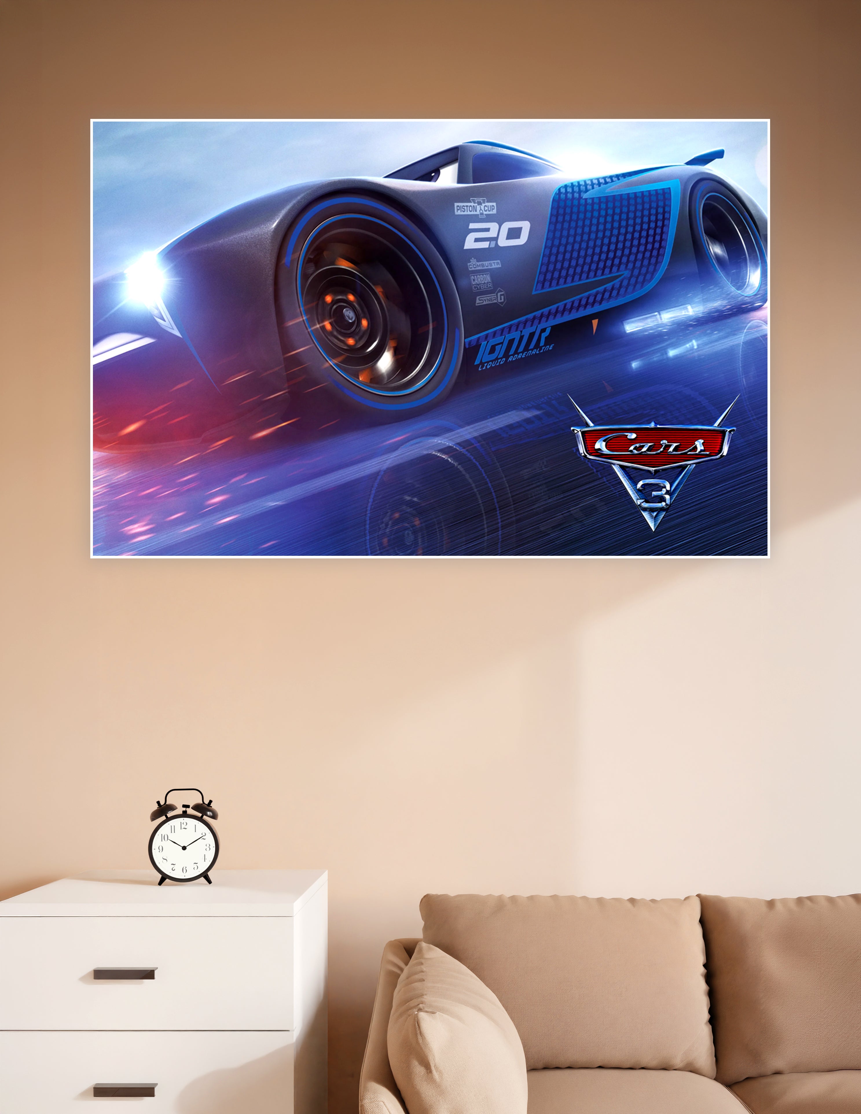 Cars 3 Jackson Storm next-gen race car poster with electric blue design and number 20 Piston Cup livery