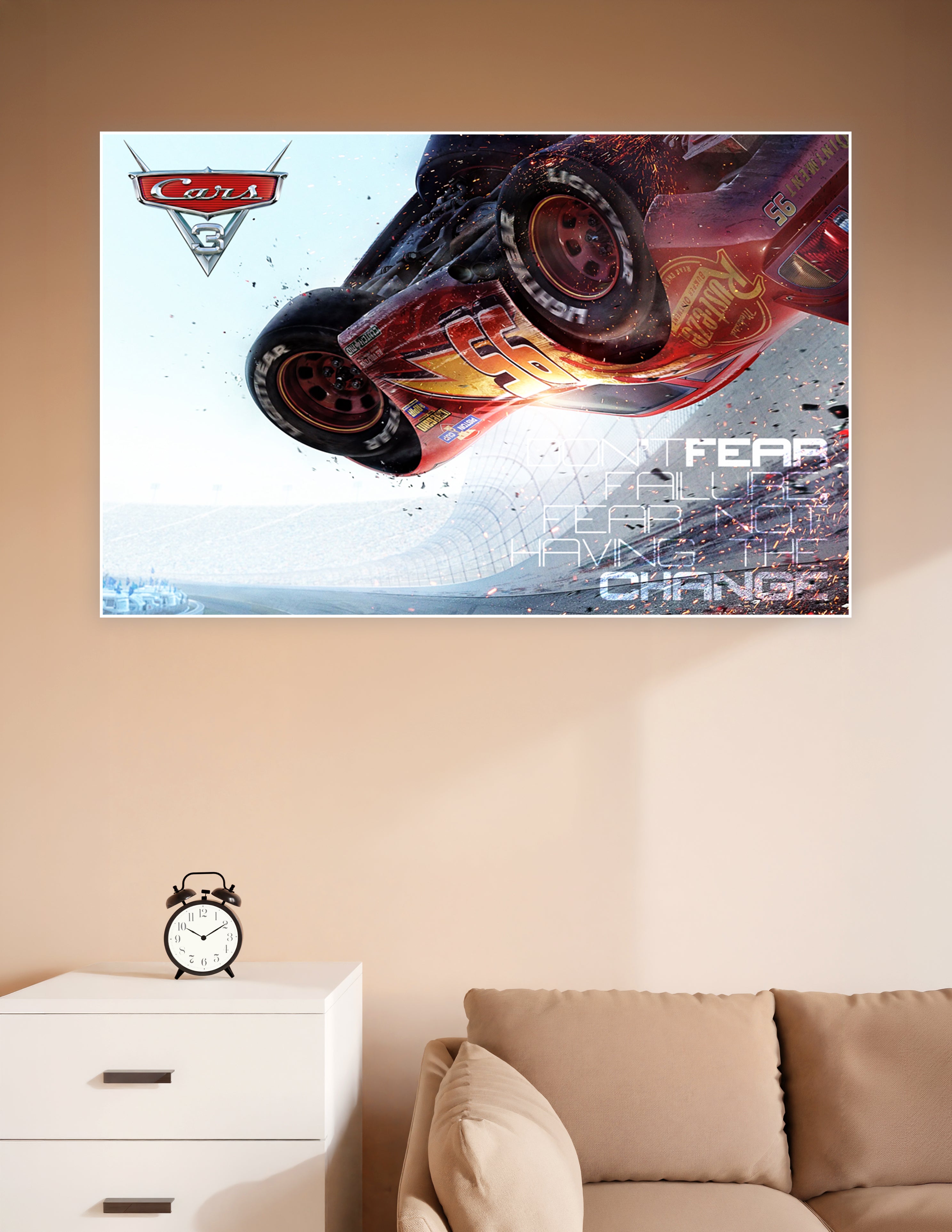 Cars 3 movie poster showing Lightning McQueen flipping mid-air during a crash with sparks flying and the motivational quote 'Don't Fear Failure Fear Not Having The Chance'