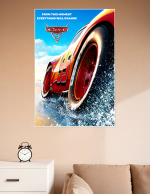 Cars 3 movie poster featuring Lightning McQueen number 95 racing through water with bold red and orange colors and the tagline From This Moment Everything Will Change