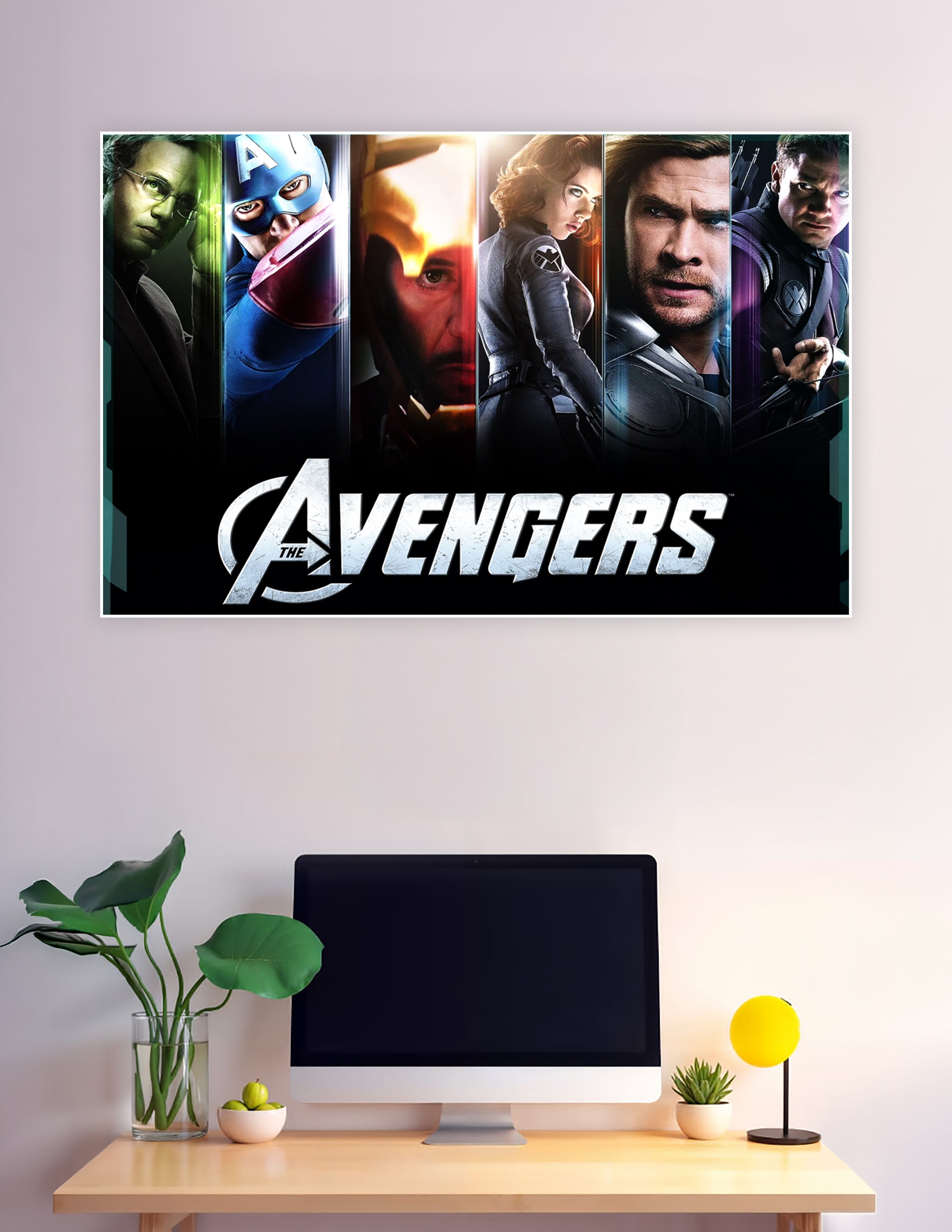 The Avengers official movie poster featuring Bruce Banner, Captain America, Iron Man, Black Widow, Thor, and Hawkeye in a dramatic split-panel cinematic design