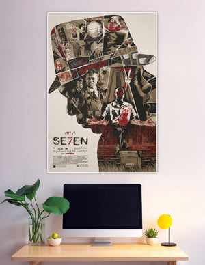 SE7EN movie fan-art collage poster featuring silhouette composition with Brad Pitt, Morgan Freeman, seven deadly sins imagery, and dark red and black tones