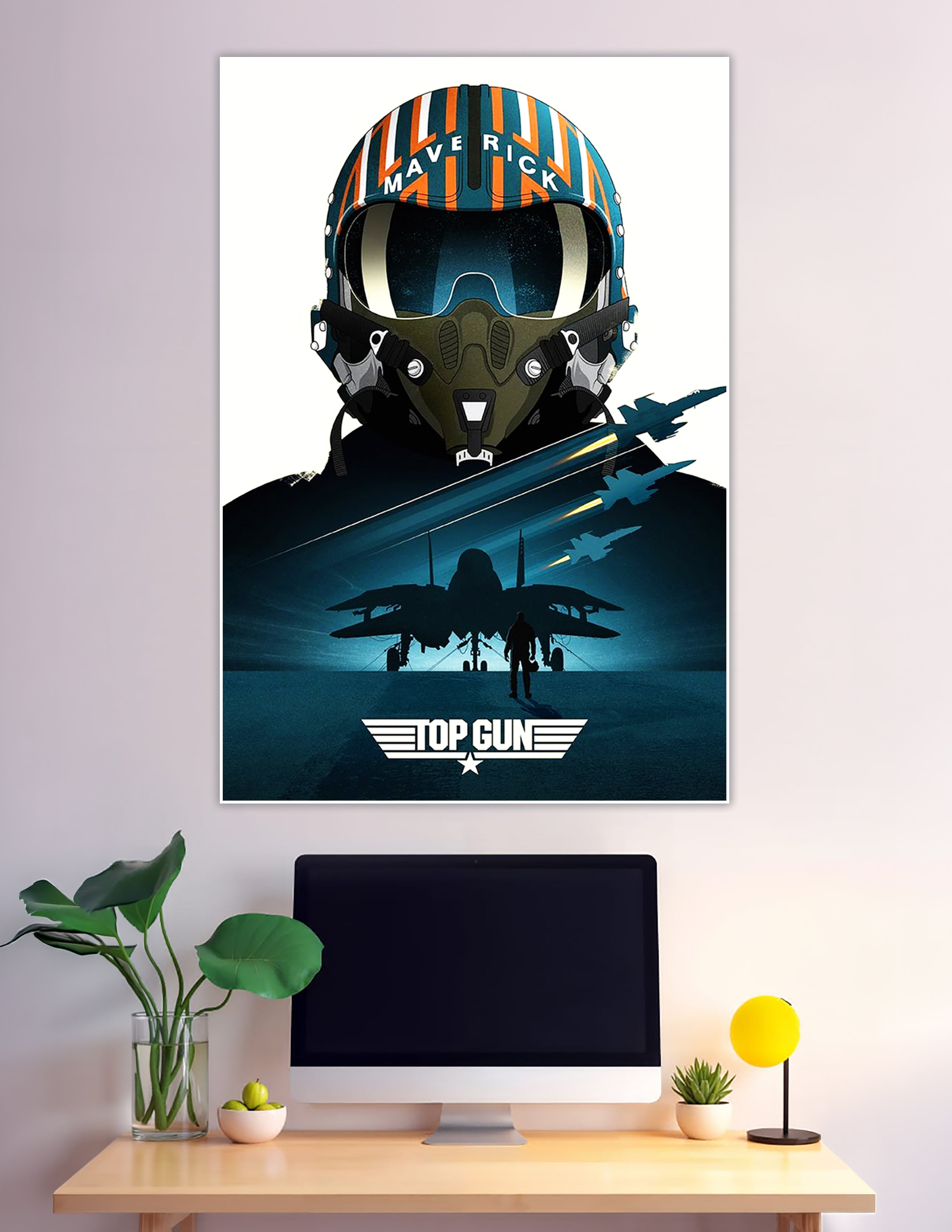 Illustrated Top Gun Maverick poster featuring the iconic teal and orange pilot helmet with jet fighter silhouettes and the Top Gun logo