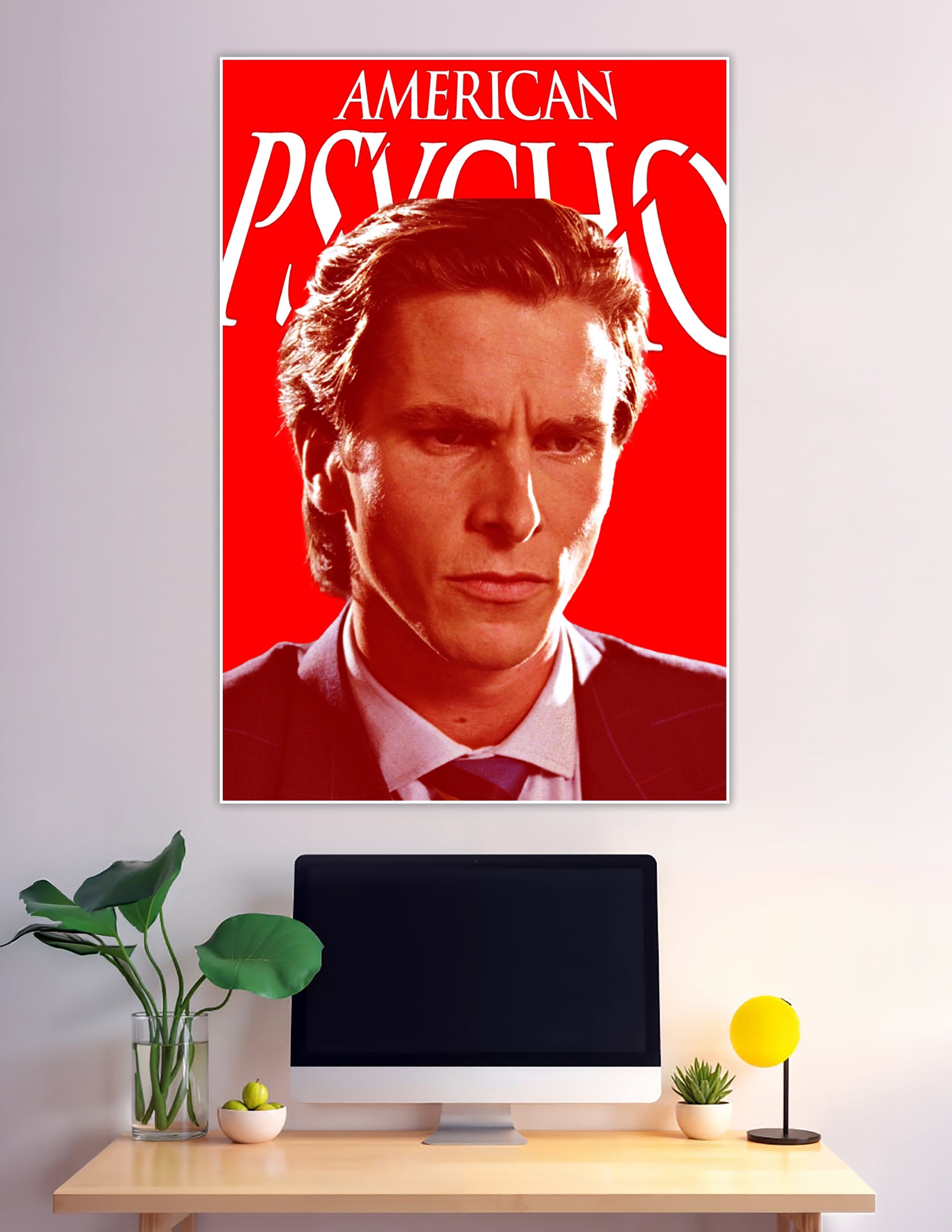 American Psycho movie poster featuring a brooding male portrait against a vivid red background with bold white title text