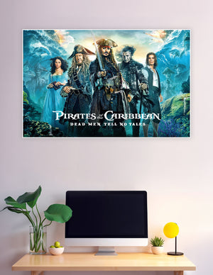 Pirates of the Caribbean Dead Men Tell No Tales official movie poster featuring the main cast against a dramatic ocean background